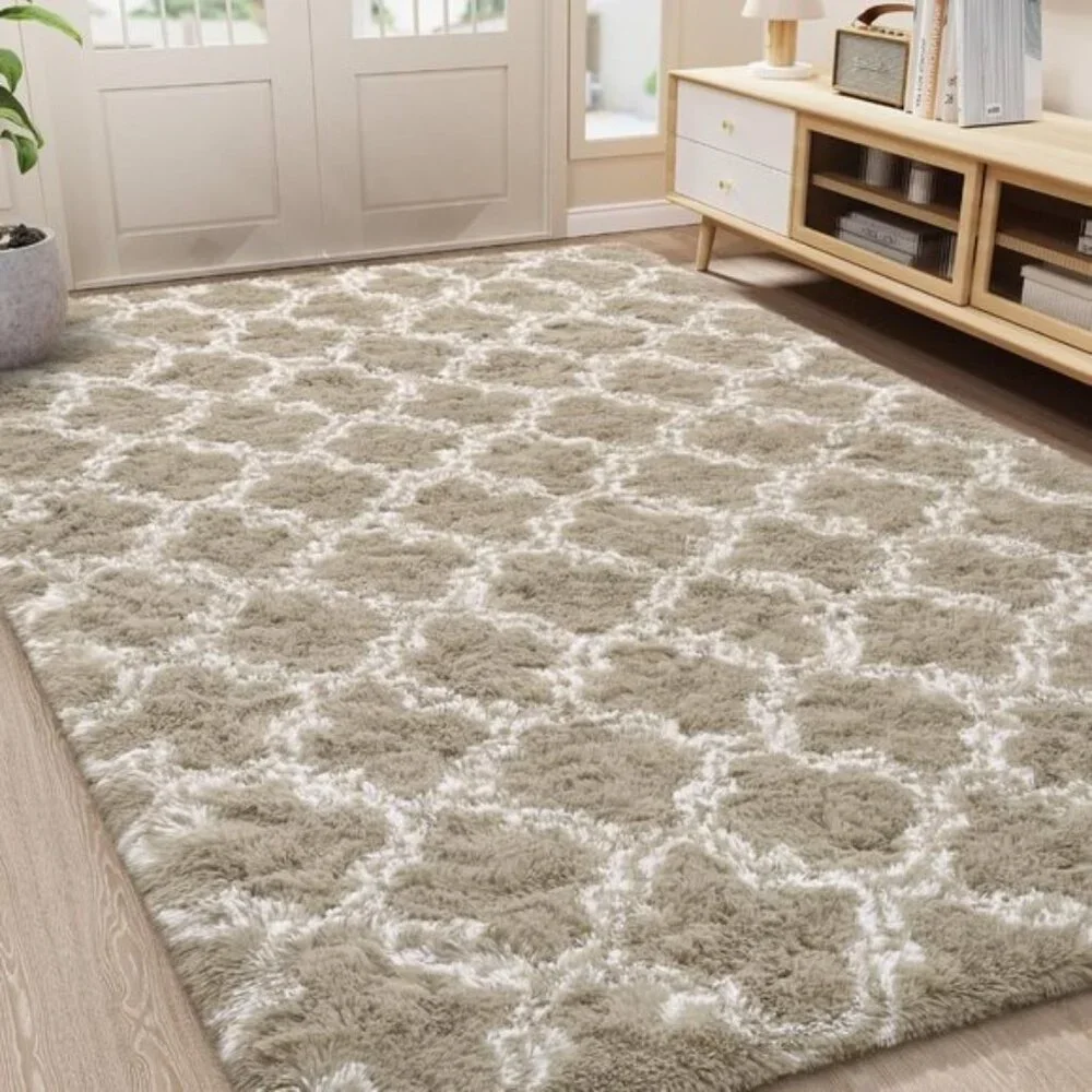 5x8In Luxury Shag Area Rug, Soft Plush Moroccan Geometric Rug for Bedroom, Beige